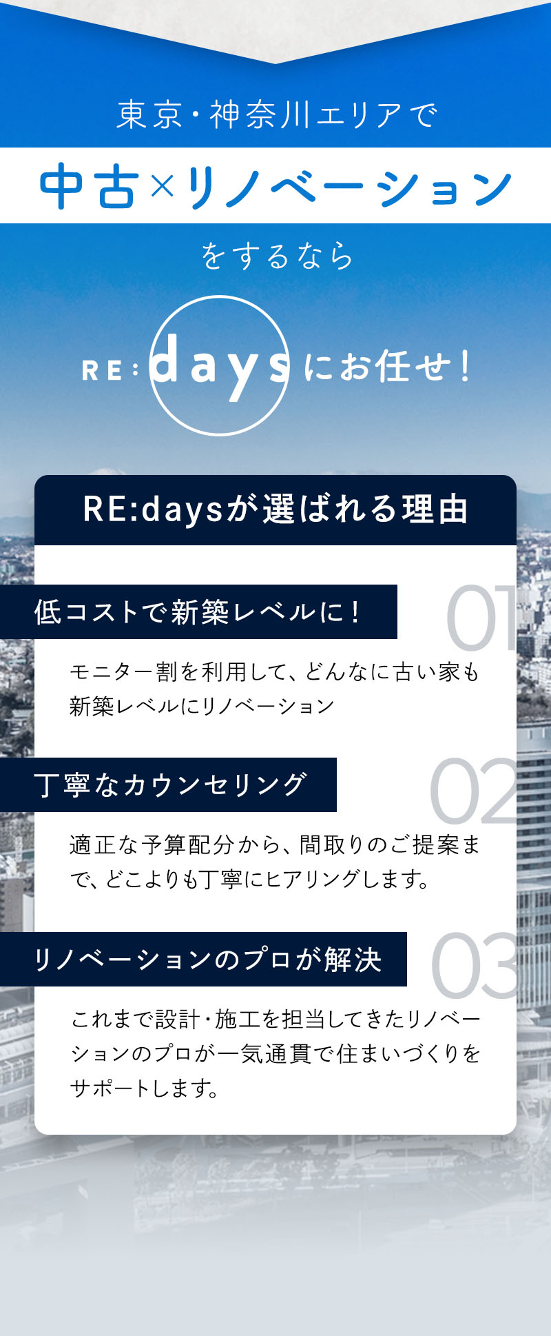 RE:daysが選ばれる理由 ①低コストで新築レベルに！ モニター割を利用して、どんなに古い家も新築レベルにリノベーション ②丁寧なカウンセリング 適正な予算配分から、間取りのご提案まで、どこよりも丁寧にヒアリングします。 ③リノベーションのプロが解決 これまで設計・施工を担当してきたリノベーションのプロが一気通貫で住まいづくりをサポートします。